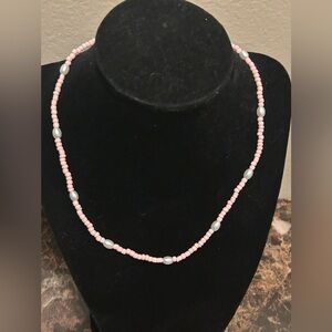 Pink and faux pearl boho bead necklace